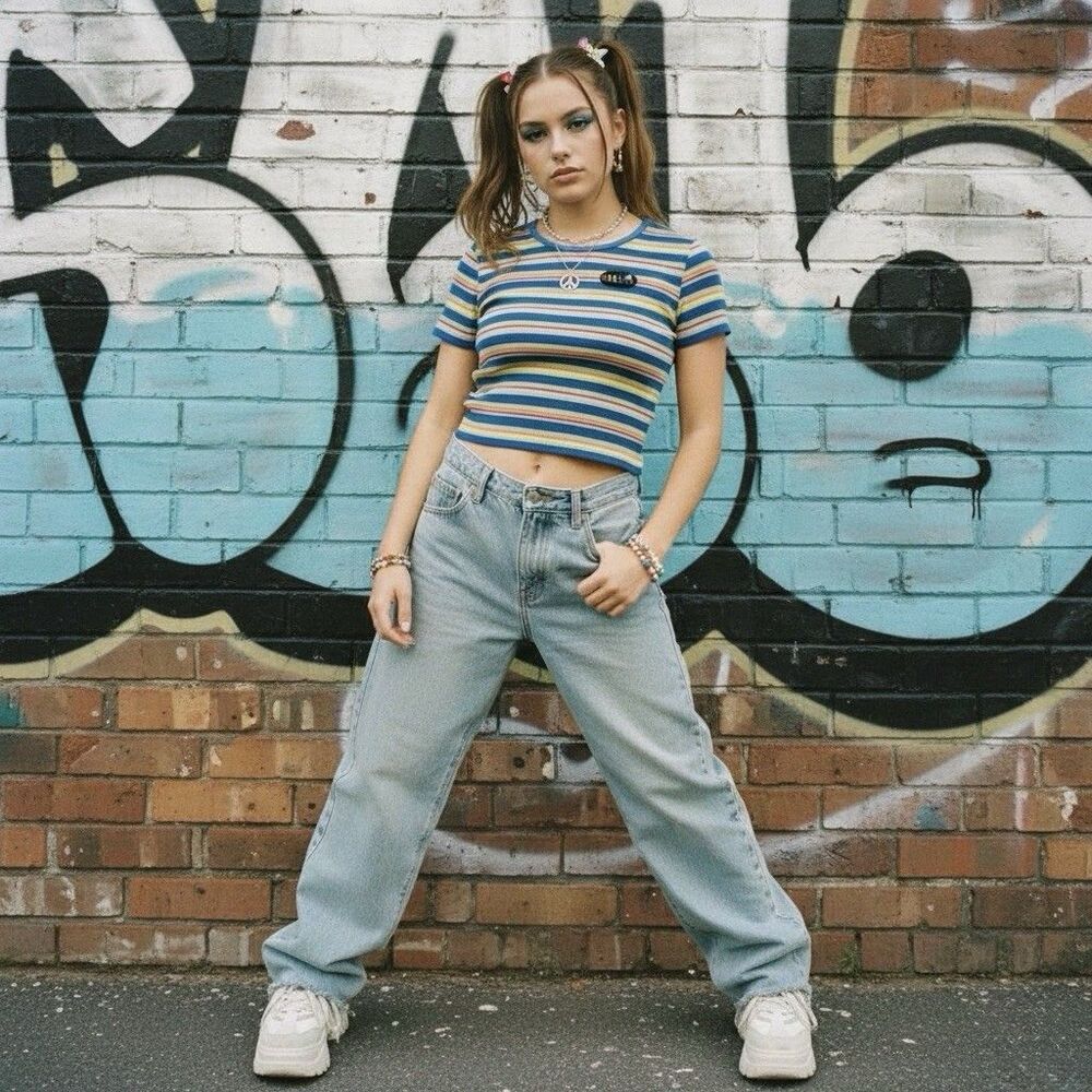 dELiAs Y2K Size XS Ribbed Colorful Rainbow Stripe Crop Top 90’s Grunge Hippie